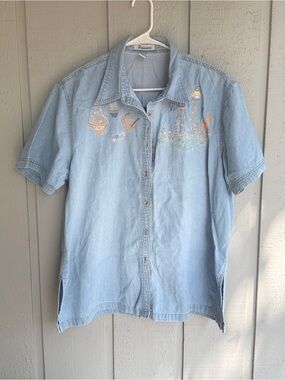 Passion Light Blue Embroidered Denim Button-Down Shirt size XL